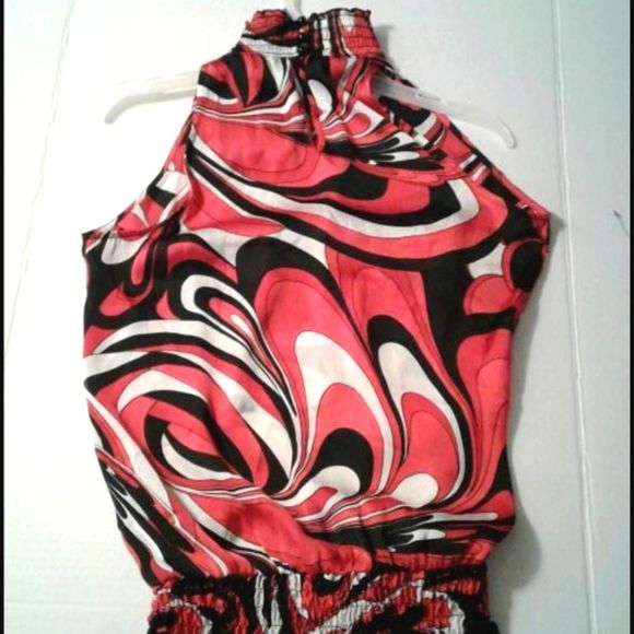 BCX Sleeveless Y2K High Neck Black & Red Abstract Satin Event Office Blouson Top - Picture 1 of 7